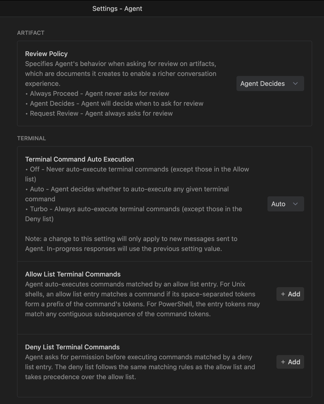 Antigravity Agent Settings
