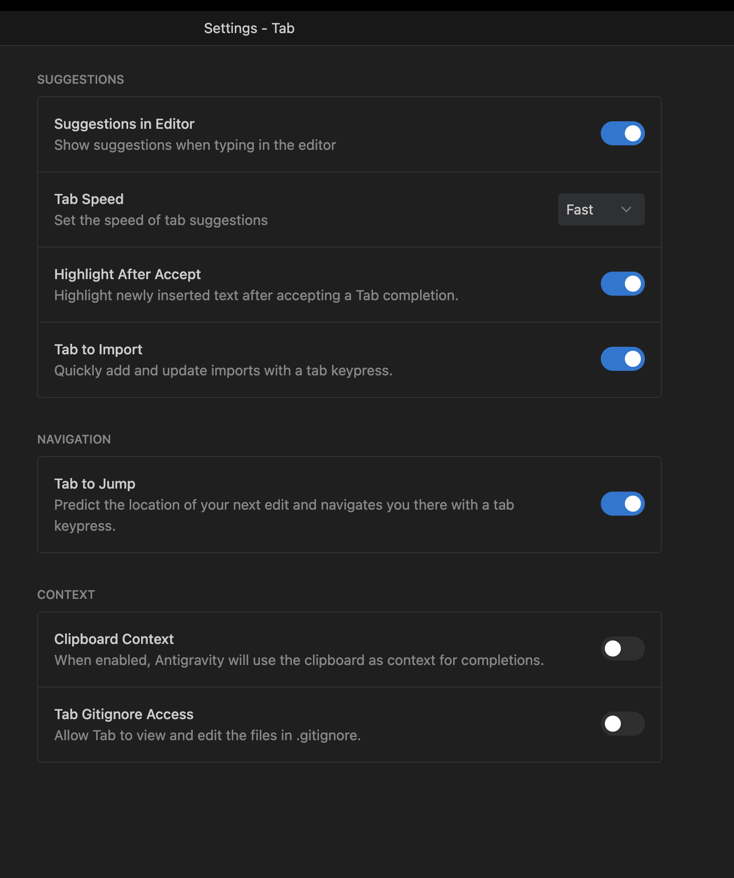 Antigravity Tab Settings